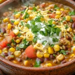 A hearty bowl of Taco Soup with various ingredients like beans, ground beef, tomatoes, and spices, garnished with shredded cheese and sour cream.