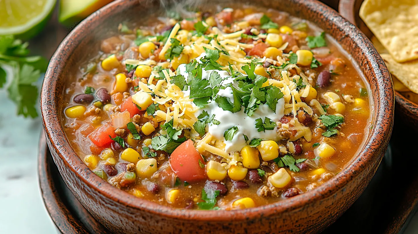 A hearty bowl of Taco Soup with various ingredients like beans, ground beef, tomatoes, and spices, garnished with shredded cheese and sour cream.