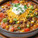 A close-up of a bowl of taco soup with ingredients like cheese, sour cream, and cilantro, with a question about how to thicken taco soup.