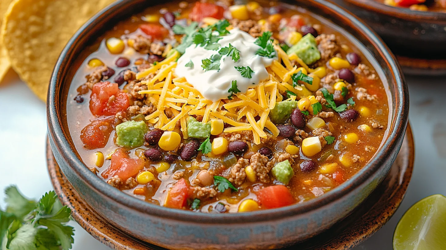 A close-up of a bowl of taco soup with ingredients like cheese, sour cream, and cilantro, with a question about how to thicken taco soup.