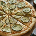 Close-up of a freshly baked pickle pie pizza topped with melted mozzarella cheese and sliced dill pickles, served on a wooden board with a side of ranch dressing.