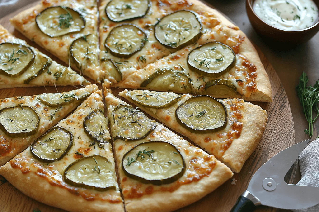 Close-up of a freshly baked pickle pie pizza topped with melted mozzarella cheese and sliced dill pickles, served on a wooden board with a side of ranch dressing.