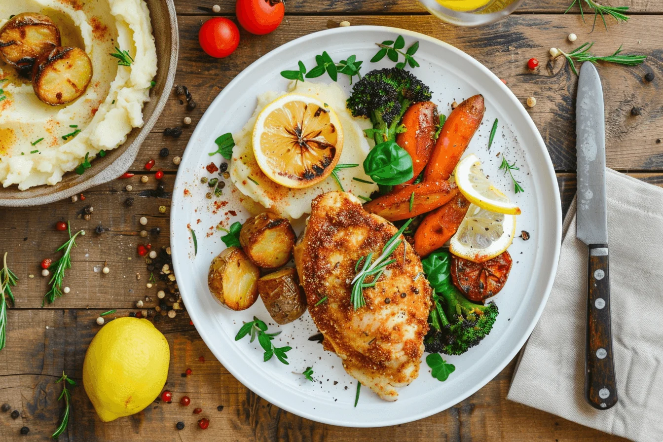 Longhorn Parmesan Crusted Chicken served with roasted vegetables and mashed potatoes.