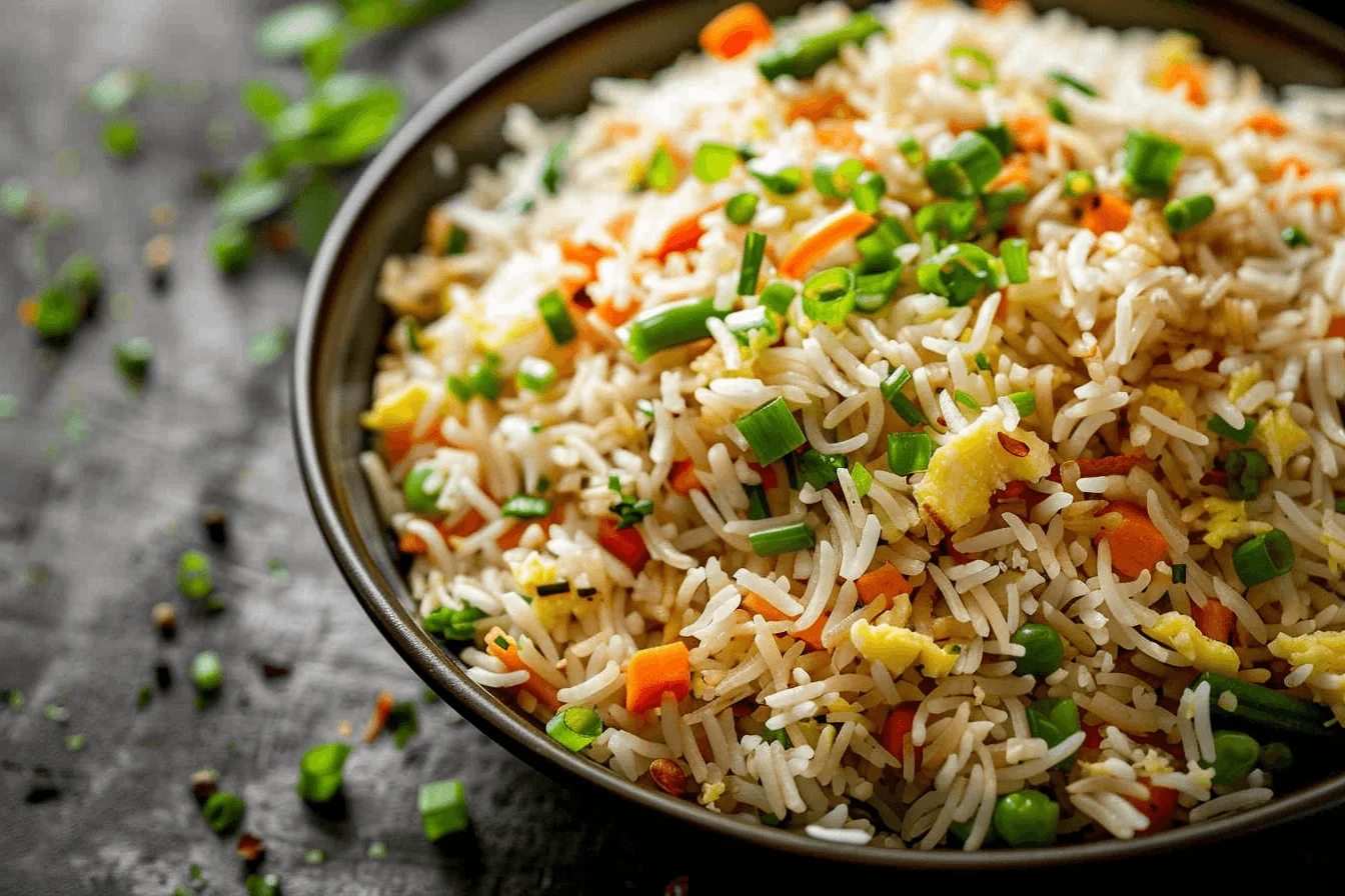 Anjappar egg fried rice served in a traditional bowl, garnished with green onions.