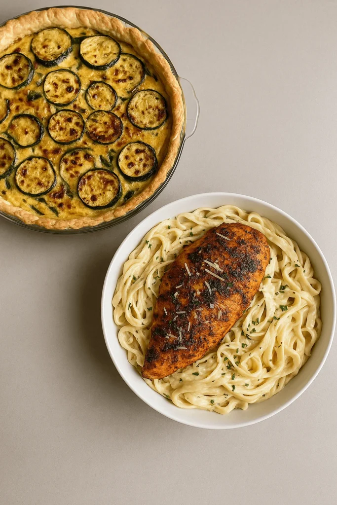 Blackened chicken alfredo with zucchini pie